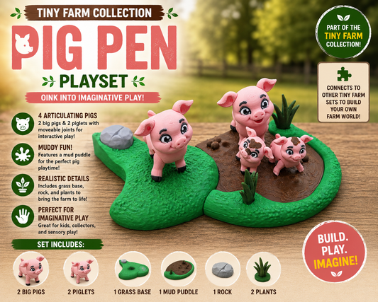 Tiny Farm Pig Pen Playset — 4 Articulating Pigs & Muddy Farm Scene