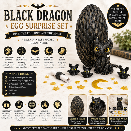 Black Dragon Egg Surprise Set — Gold-Dusted Dragon, Bats, Moon & Stars