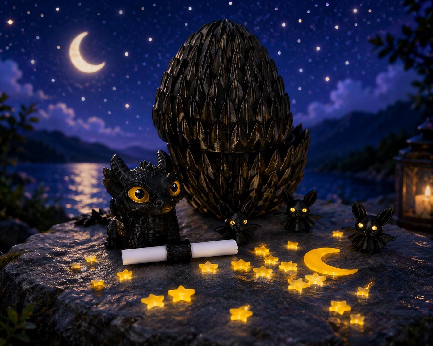 Black Dragon Egg Surprise Set — Gold-Dusted Dragon, Bats, Moon & Stars