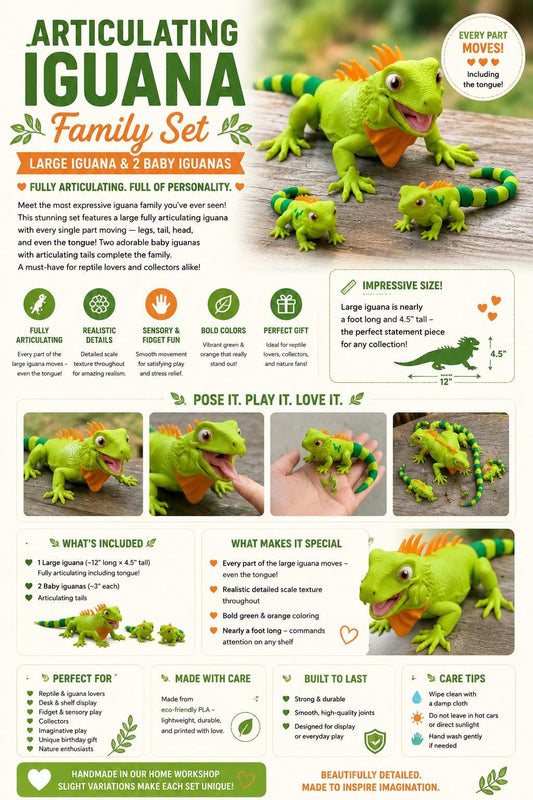 Articulating Iguana Family Set — Large Iguana & 2 Baby Iguanas