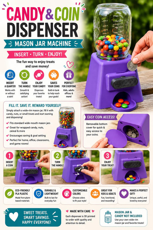 3D Printed Candy Dispenser | Mason Jar Coin Bank, Gumball Machine Style Reward Jar