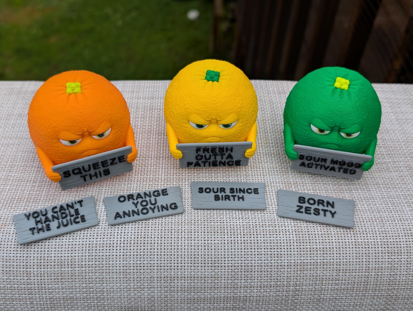 Citrus With Attitude — Grumpy Fruit Desk Figurine 3-Pack | Orange, Lime & Lemon
