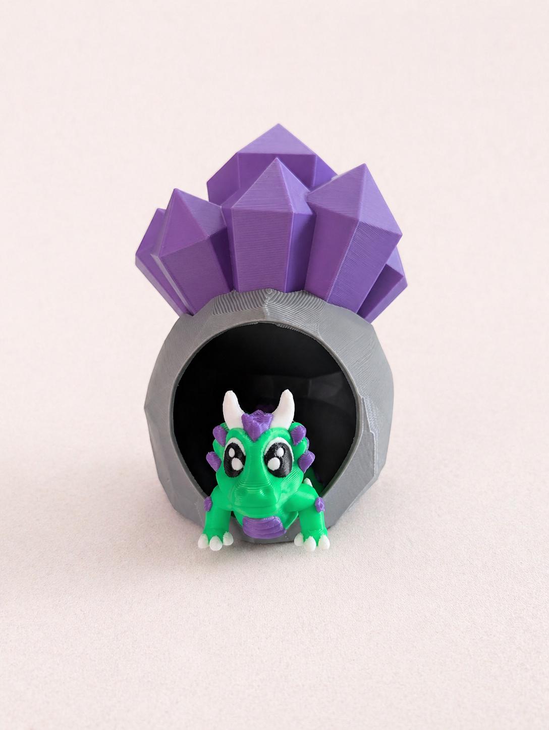 Crystal Cave Baby Dragon — 3D Printed Fantasy Figurine & Geode Hideaway