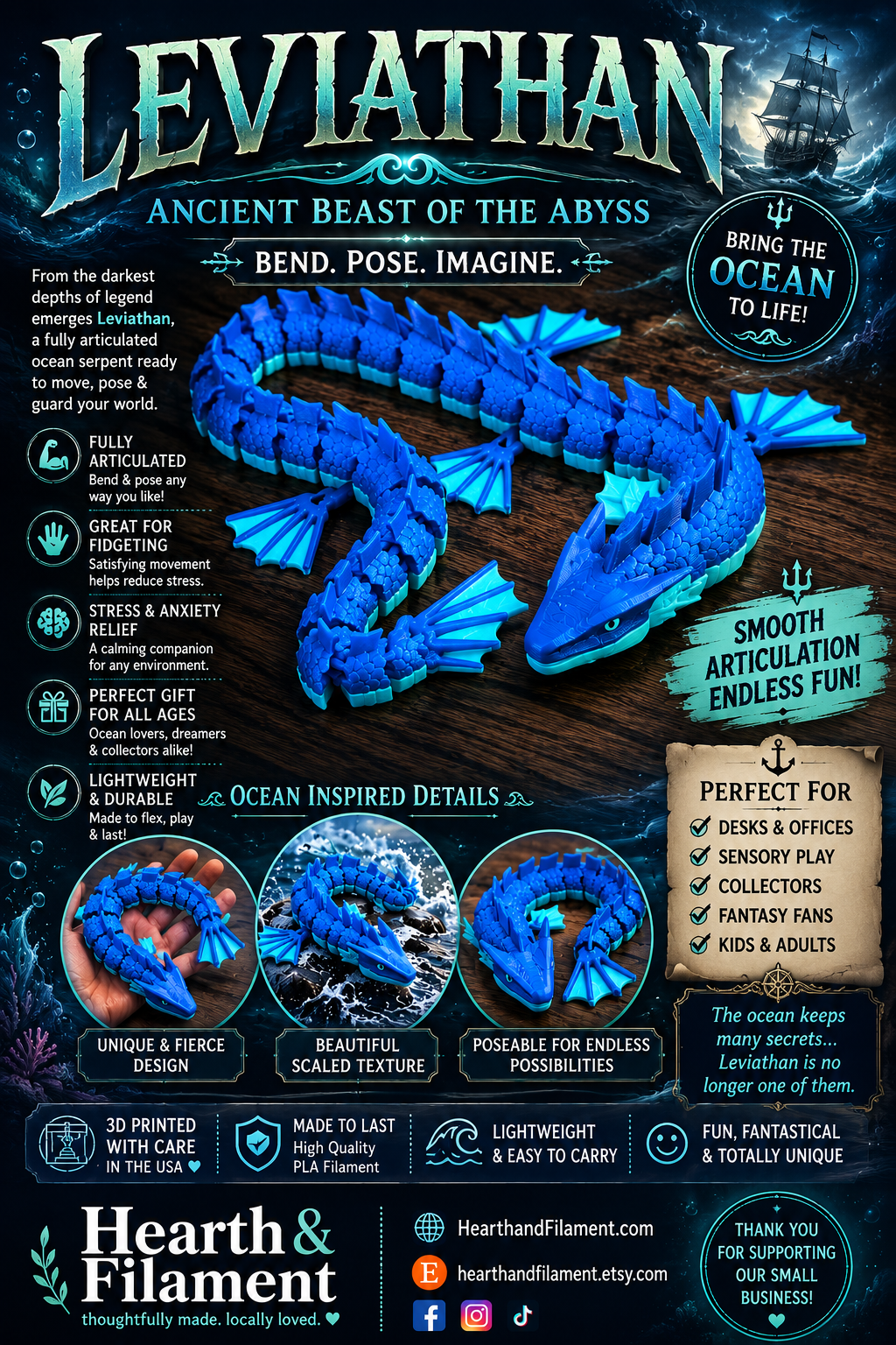 Water Serpent Dragon — 14 Inch Fully Articulating dragon, Water Safe toys, Leviathan Toy