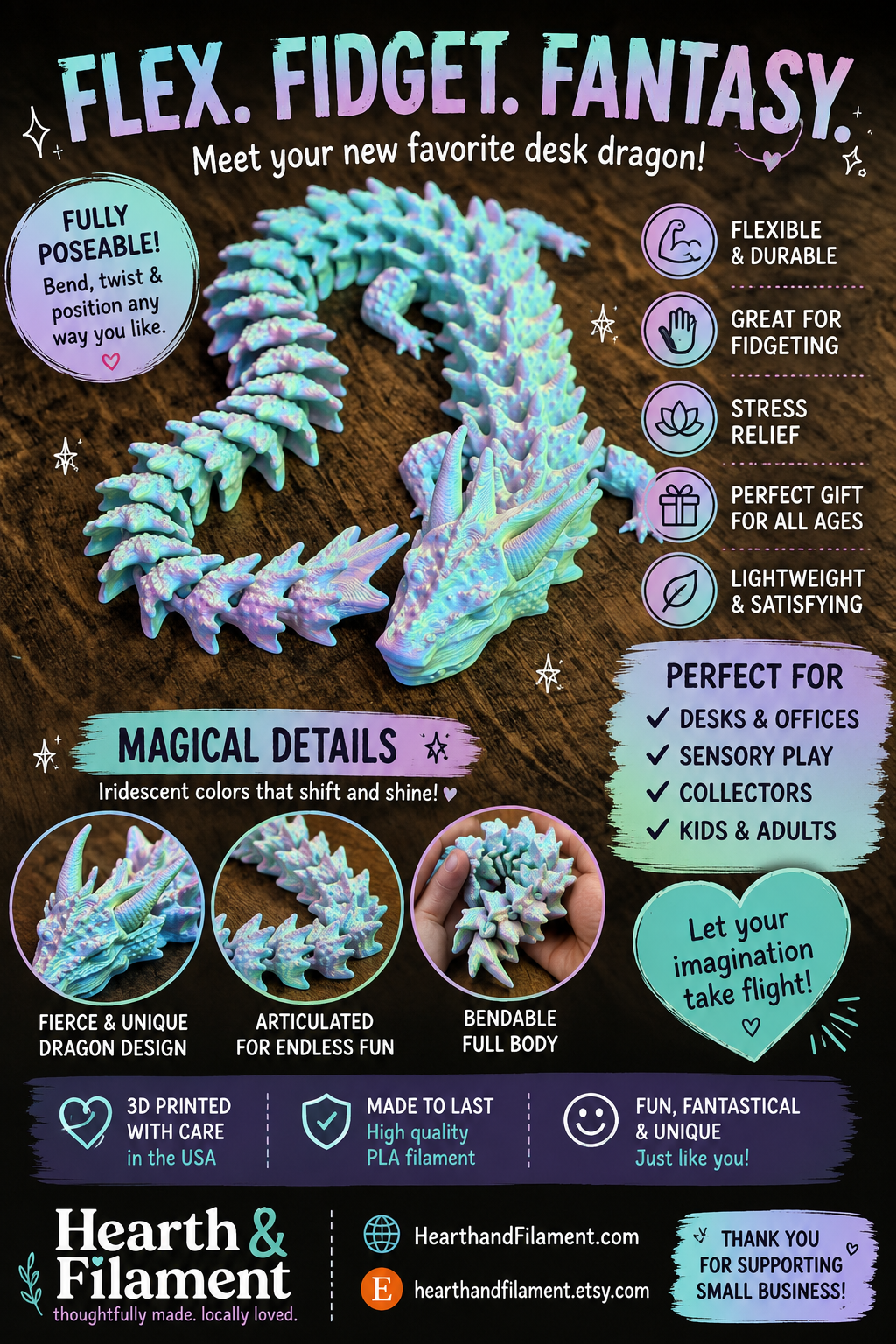 Crystal Water Dragon — 14 Inch Fully Articulating, Tri-Color Rainbow Shifting Filament