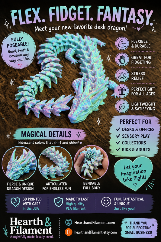 Crystal Water Dragon — 14 Inch Fully Articulating, Tri-Color Rainbow Shifting Filament