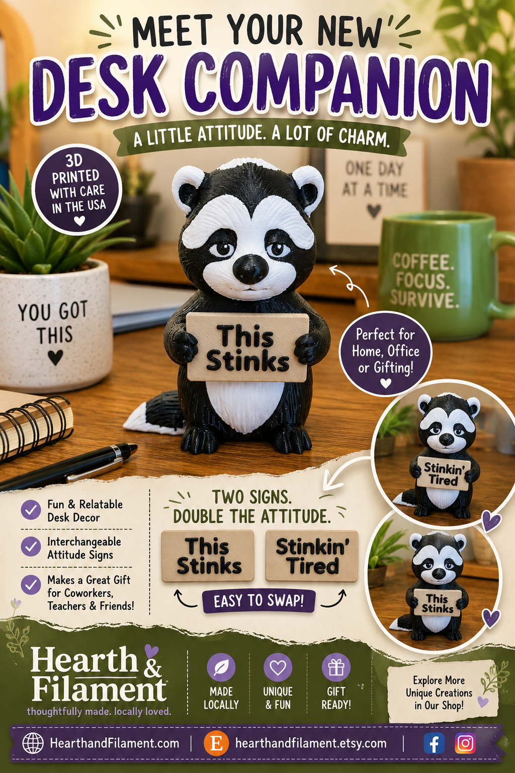 Grumpy Skunk Desk Figurine — 4.5 Inch | 2 Interchangeable Signs