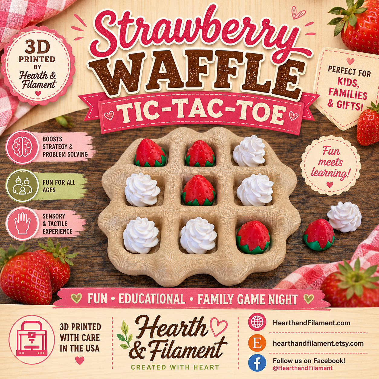 Strawberry Waffle Tic Tac Toe Game — 6x6 Waffle Board