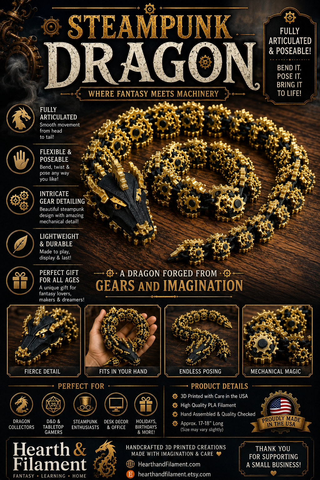 Gear Dragon, Steampunk Dragon, Articulating Dragon