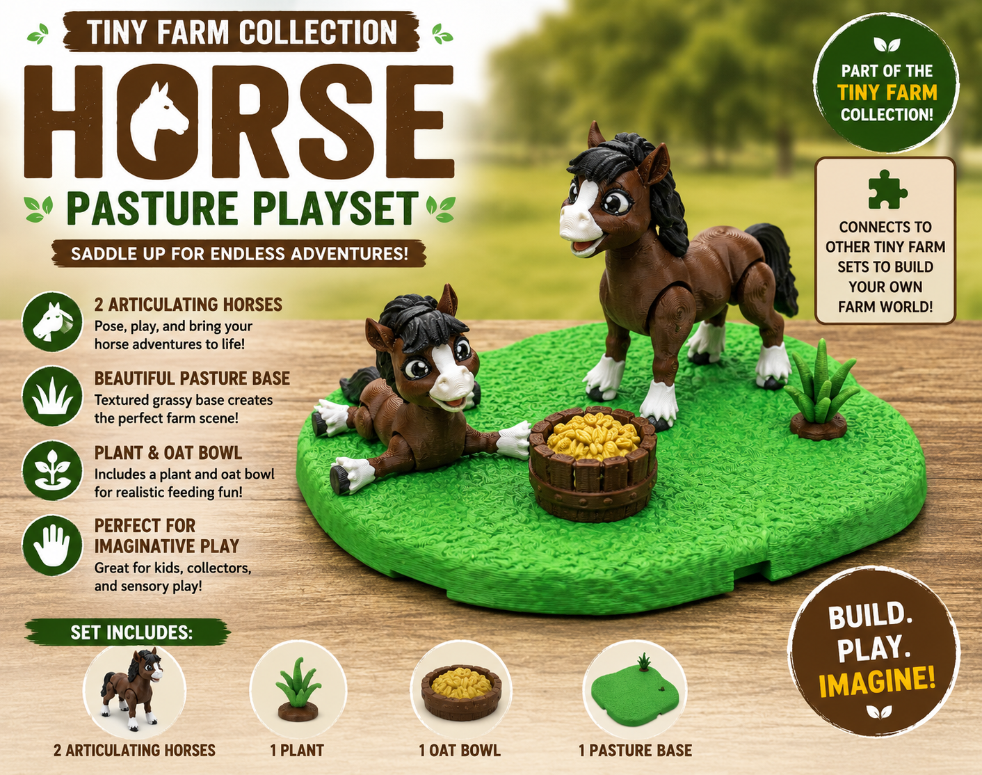 Tiny Farm Horse Pasture Playset — 2 Articulating Horses & Grazing Scene