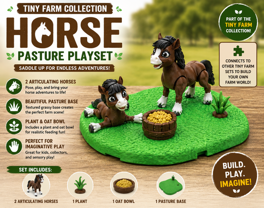 Tiny Farm Horse Pasture Playset — 2 Articulating Horses & Grazing Scene