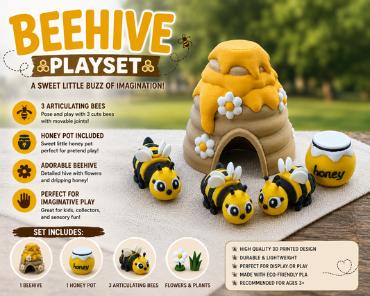 Beehive Sensory Playset — 3 Flexible Bees, Honey Jar & Cottagecore Decor