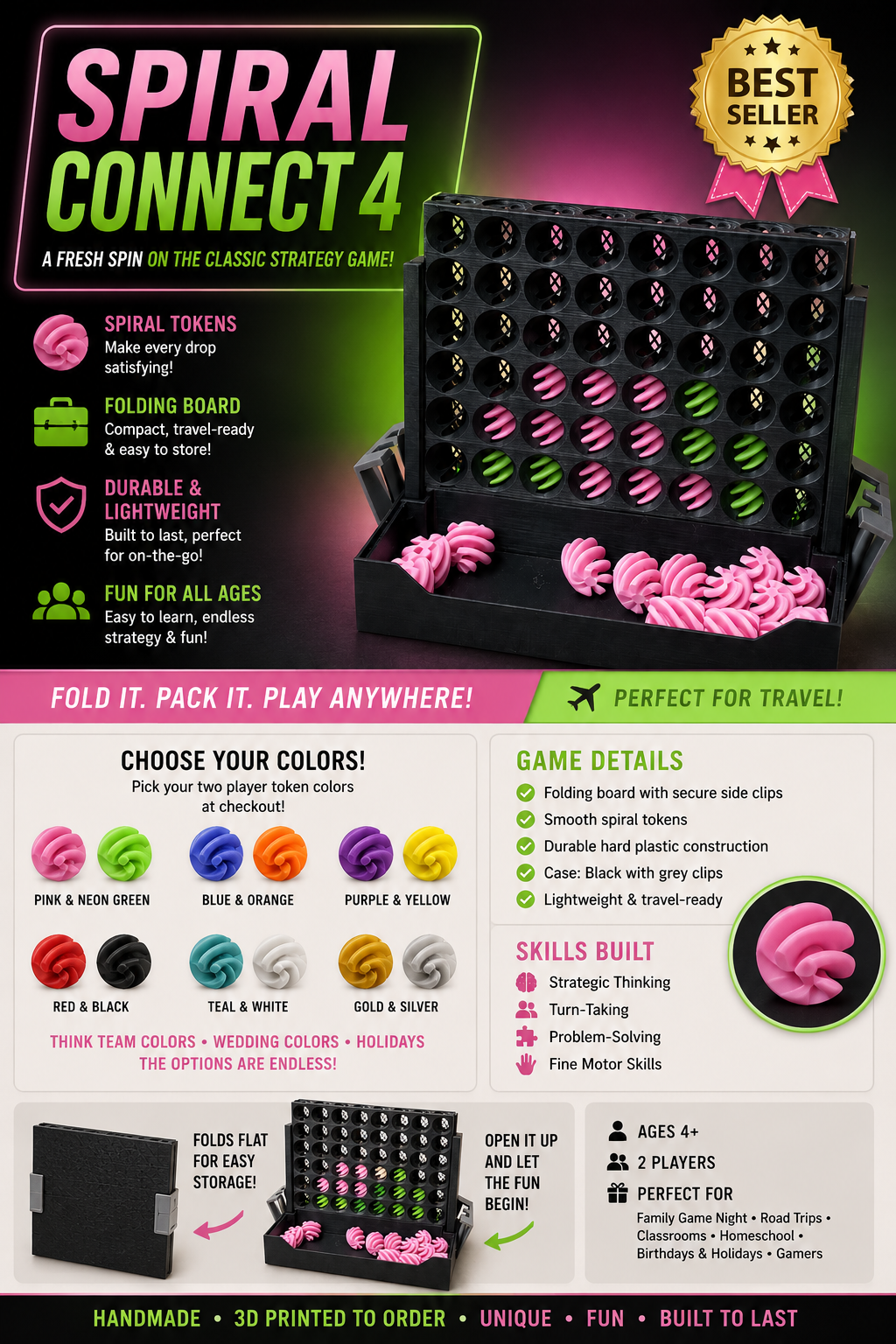 Spiral Connect 4 Travel Game | Folding Strategy Board Game with Custom Colors