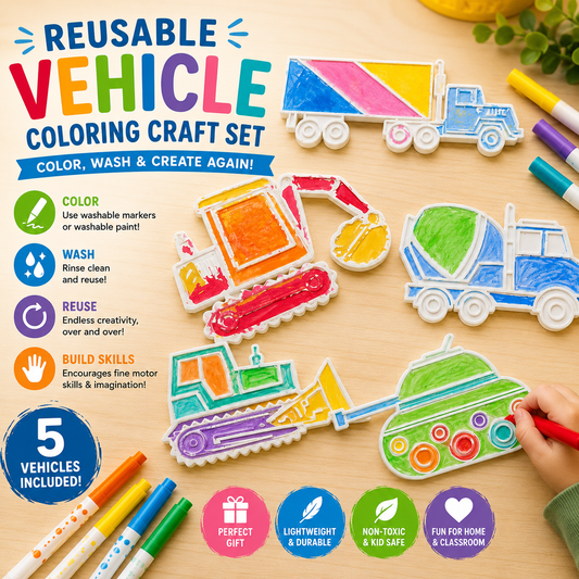 Reusable Vehicle Craft Set for Kids | Paintable Toddler Coloring Activity (Set of 5)