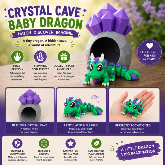 Crystal Cave Baby Dragon — 3D Printed Fantasy Figurine & Geode Hideaway