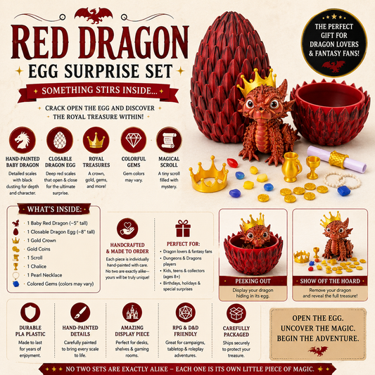 Red Dragon Egg Surprise — Baby Dragon & Treasure Horde | Handpainted 3D Printed Collectible