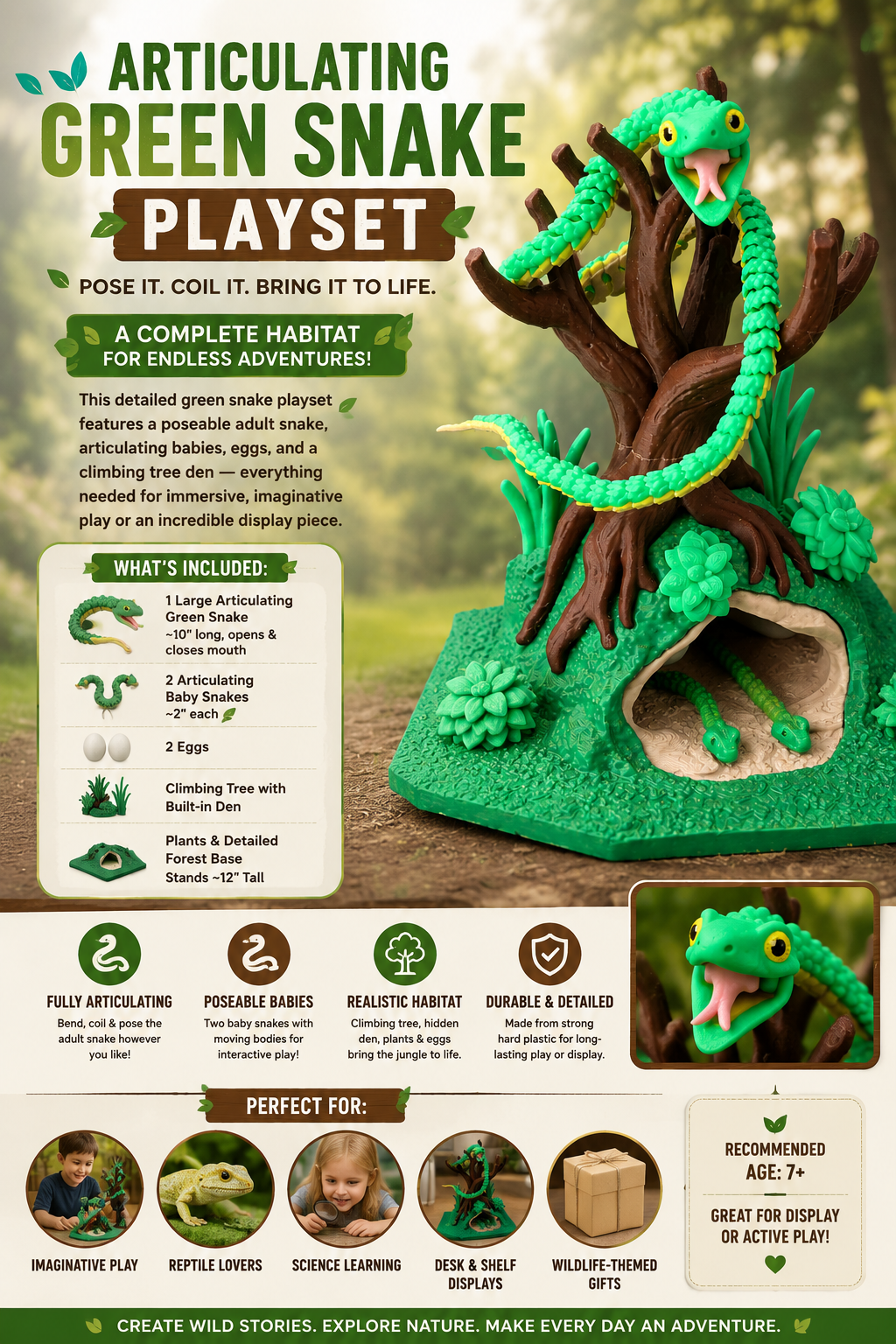 Articulating Green Snake Playset — Poseable Toy, Tree Den & Reptile Habitat
