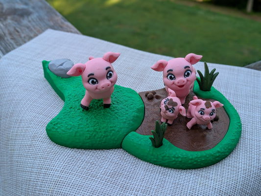 Tiny Farm Pig Pen Playset — 4 Articulating Pigs & Muddy Farm Scene