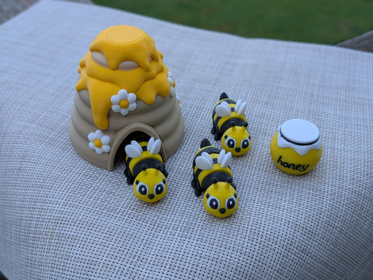 Beehive Sensory Playset — 3 Flexible Bees, Honey Jar & Cottagecore Decor