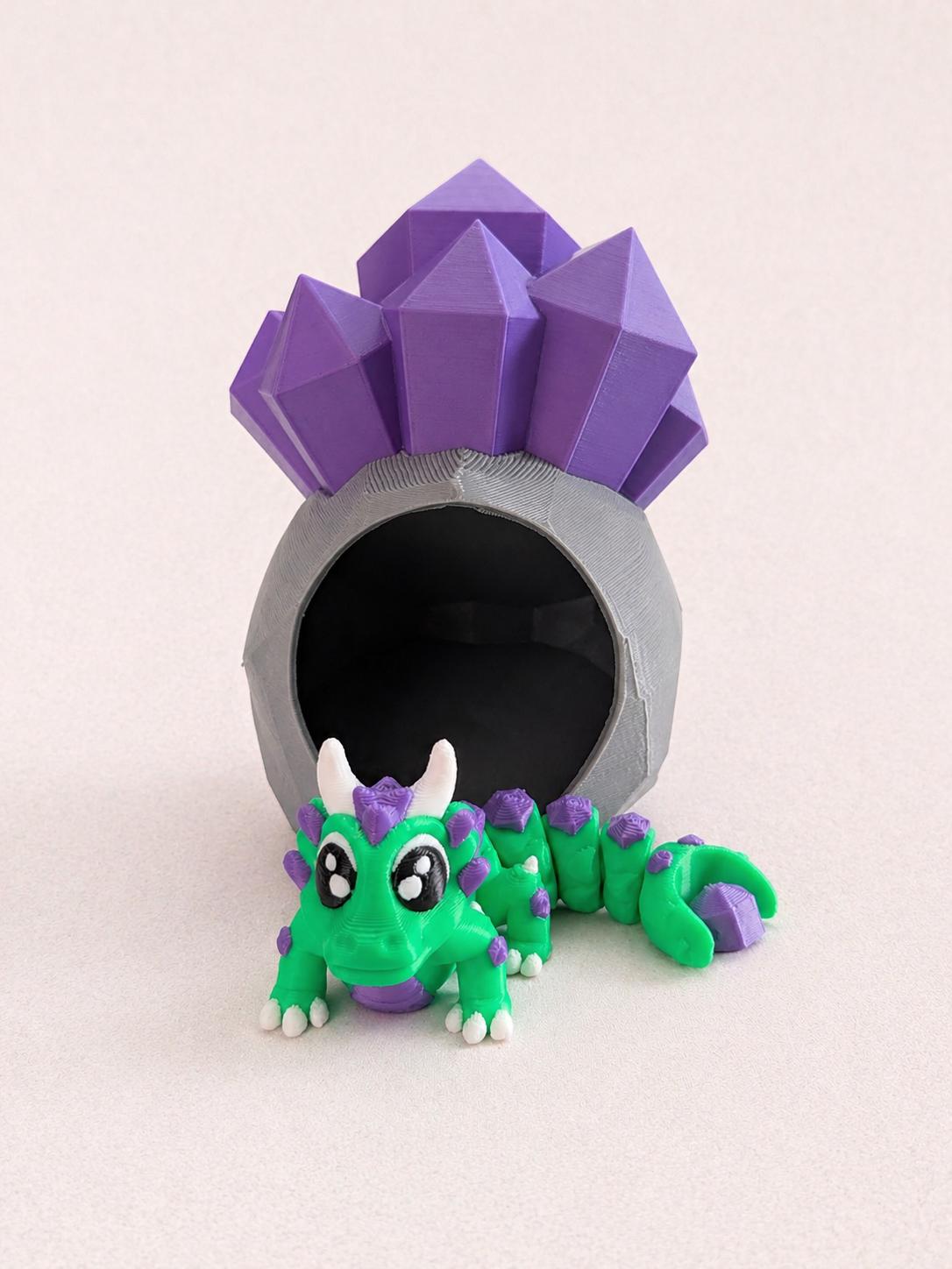 Crystal Cave Baby Dragon — 3D Printed Fantasy Figurine & Geode Hideaway
