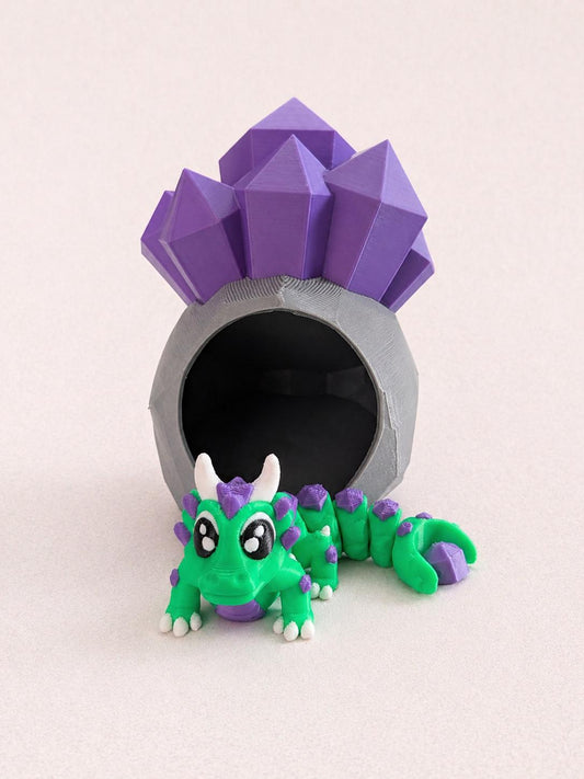 Crystal Cave Baby Dragon — 3D Printed Fantasy Figurine & Geode Hideaway