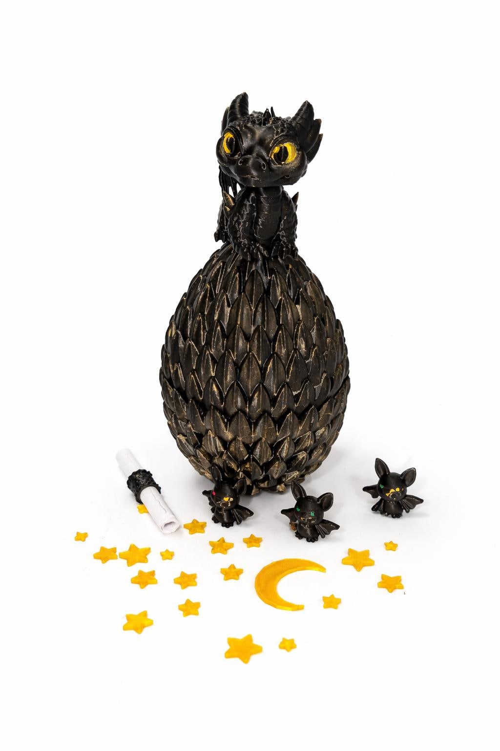 Black Dragon Egg Surprise Set — Gold-Dusted Dragon, Bats, Moon & Stars