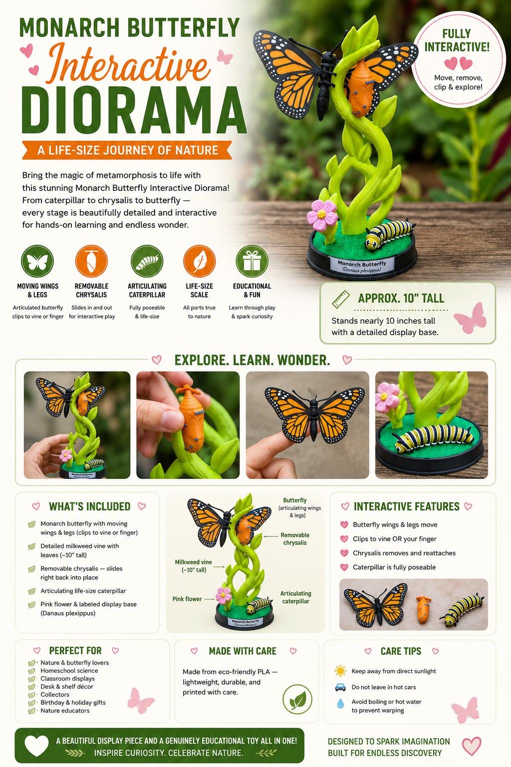 Monarch Butterfly Interactive Diorama — Life-Size 3D Printed Nature Display