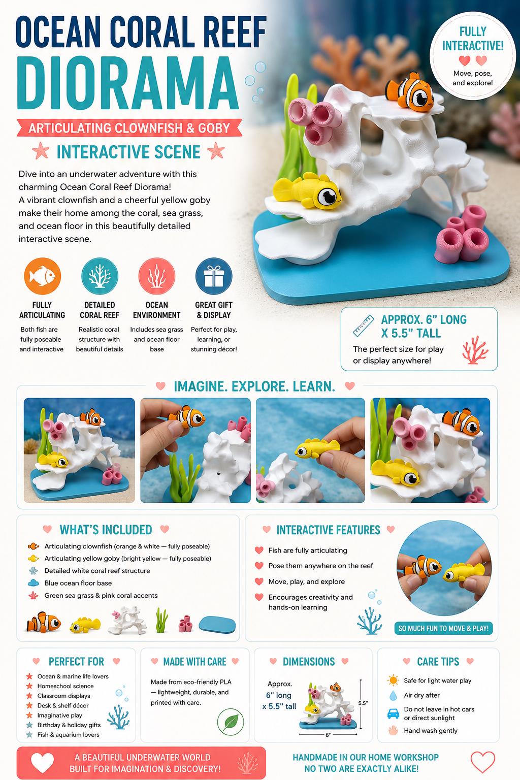Ocean Coral Reef Diorama — Articulating Clownfish & Goby Interactive Scene