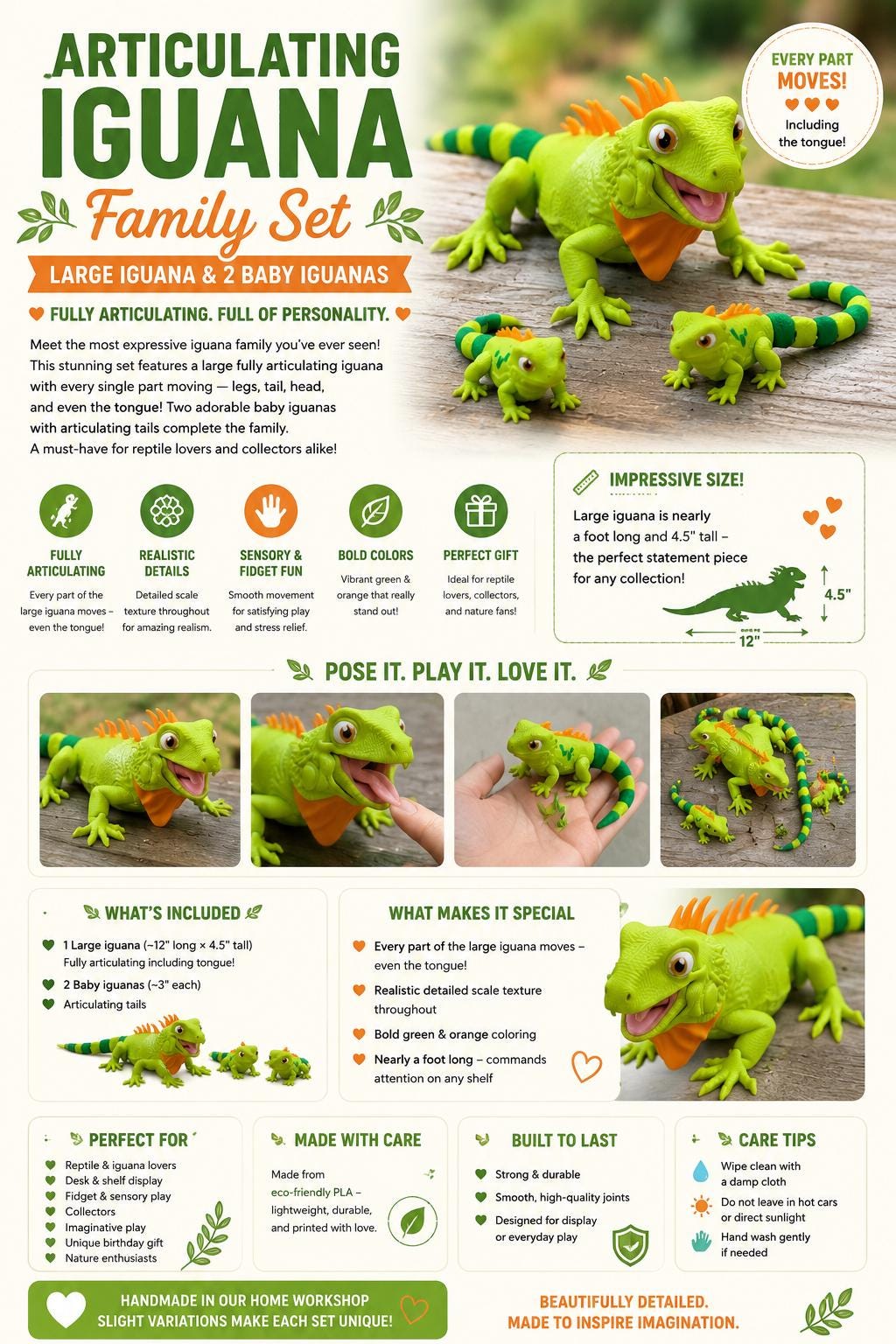 Articulating Iguana Family Set — Large Iguana & 2 Baby Iguanas