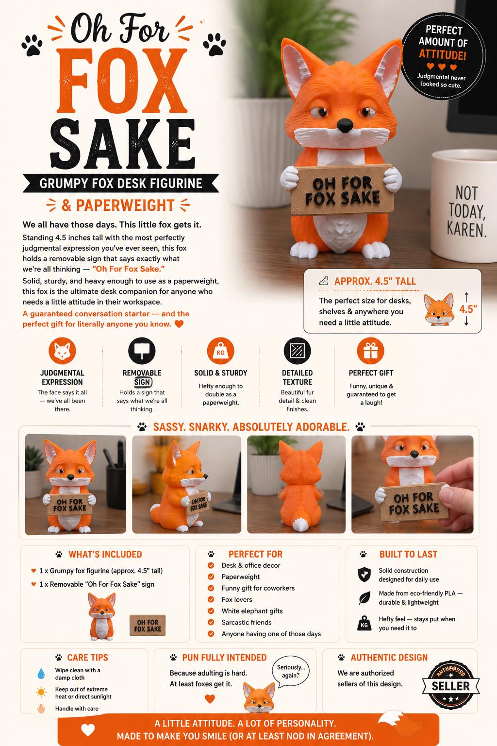 Oh For Fox Sake, Grumpy Fox Desk Figurine & Paperweight