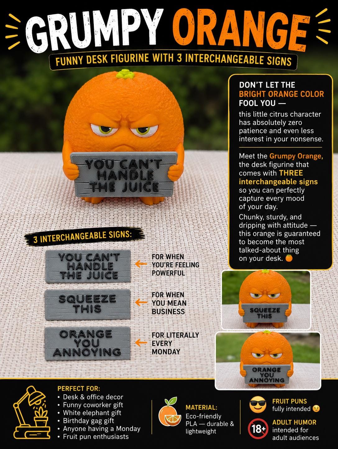 Grumpy Orange — Funny Desk Figurine with 3 Interchangeable Signs