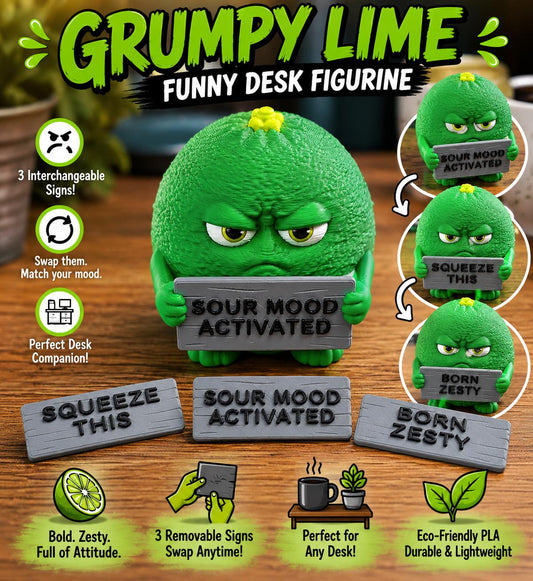 Grumpy Lime — Funny Desk Figurine with 3 Interchangeable Signs