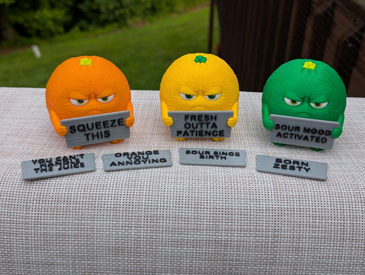 Citrus With Attitude — Grumpy Fruit Desk Figurine 3-Pack | Orange, Lime & Lemon