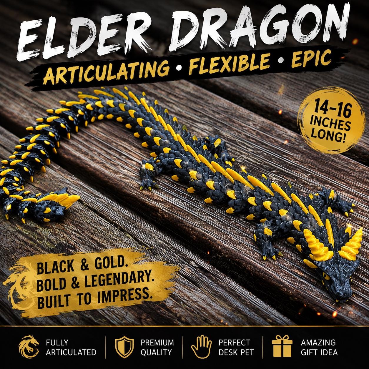 Articulated Black Gold Dragon – Flexible Desk Pet, Fantasy Collectible (14-16 inches)