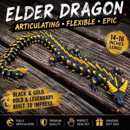 Articulated Black Gold Dragon – Flexible Desk Pet, Fantasy Collectible (14-16 inches)