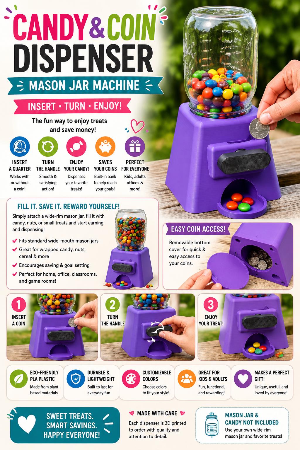 3D Printed Candy Dispenser | Mason Jar Coin Bank, Gumball Machine Style Reward Jar