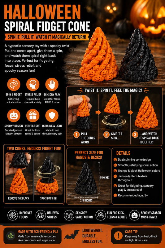 Halloween Spiral Fidget Cone – 3D Printed Sensory Toy, Jack-O’-Lantern Decor (2 Pack)