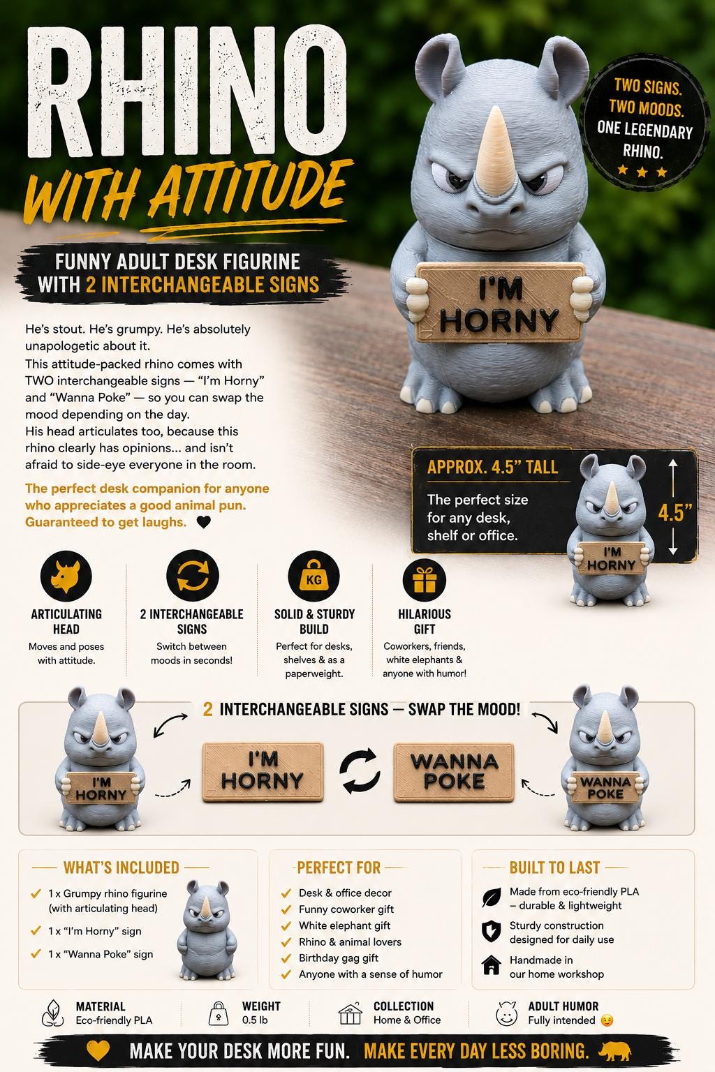Rhino With Attitude — Funny Adult Desk Figurine with 2 Interchangeable Signs
