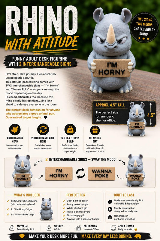 Rhino With Attitude — Funny Adult Desk Figurine with 2 Interchangeable Signs