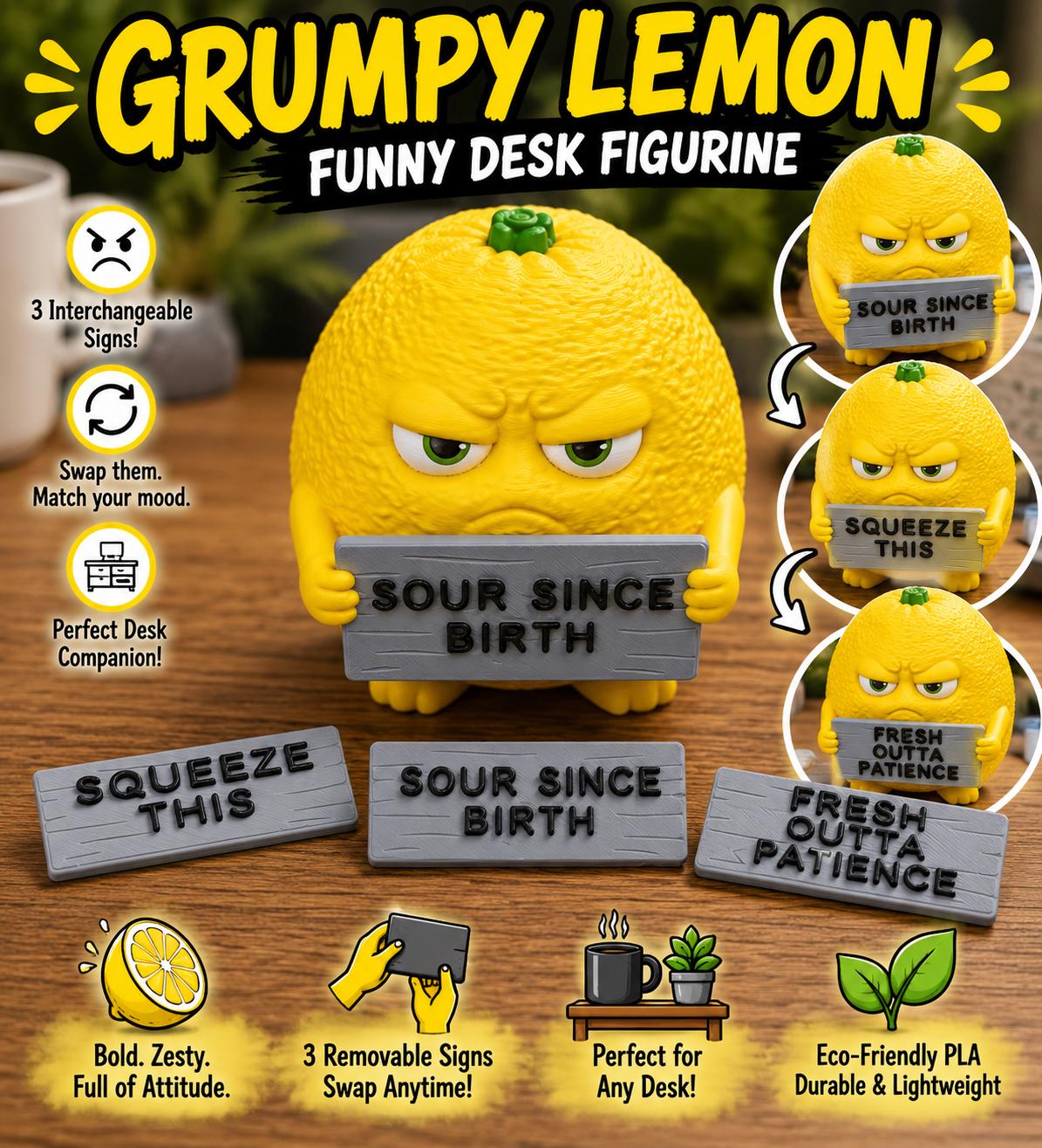 Grumpy Lemon — Funny Desk Figurine with 3 Interchangeable Signs