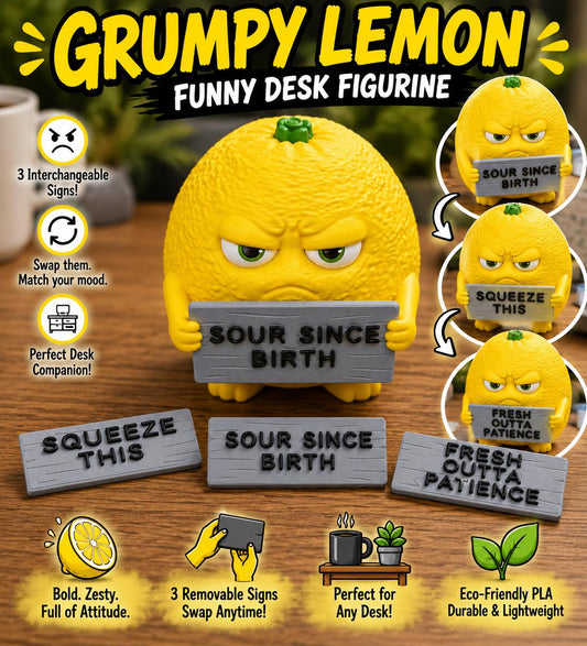 Grumpy Lemon — Funny Desk Figurine with 3 Interchangeable Signs