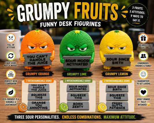 Citrus With Attitude — Grumpy Fruit Desk Figurine 3-Pack | Orange, Lime & Lemon